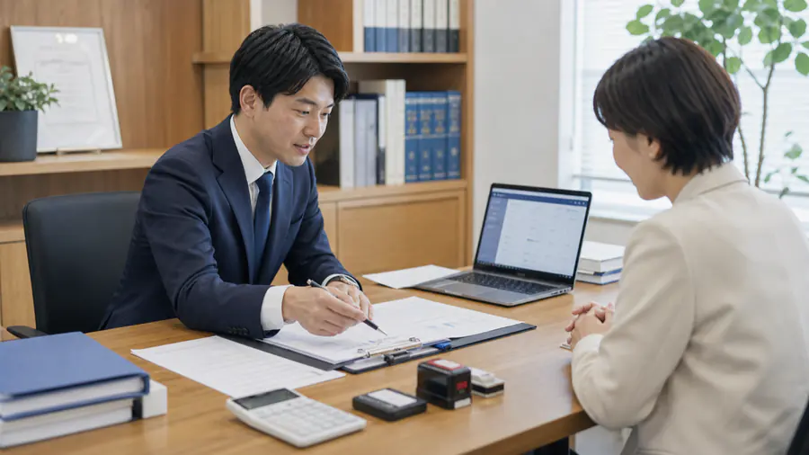 士業事務所で顧客対応の管理画面を確認している様子