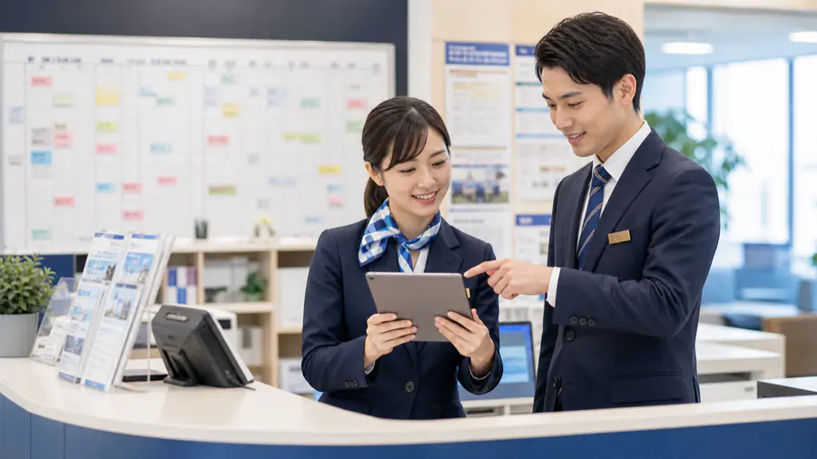 サービス業のチームが社内ポータルを確認している様子