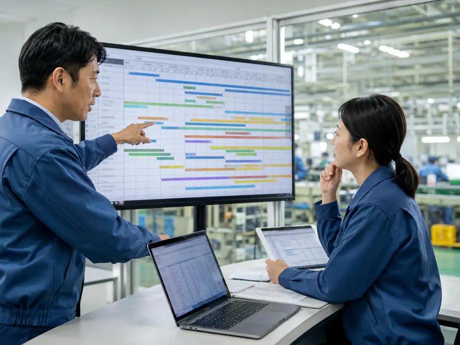 製造現場で生産計画を確認している様子