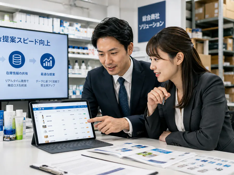 営業と在庫情報を確認している卸売業の担当者