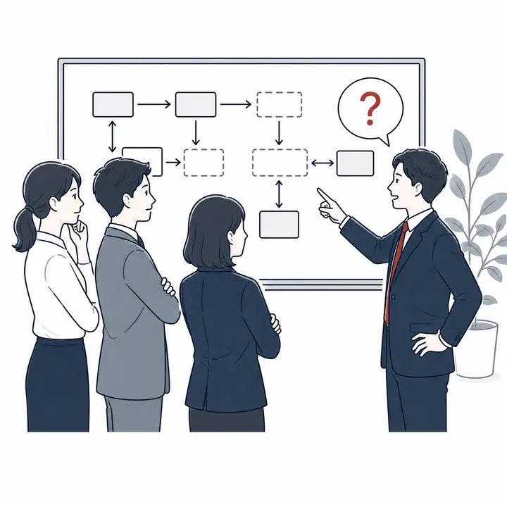 チームが業務フローを確認しながら仕組みの定着に悩んでいるイラスト