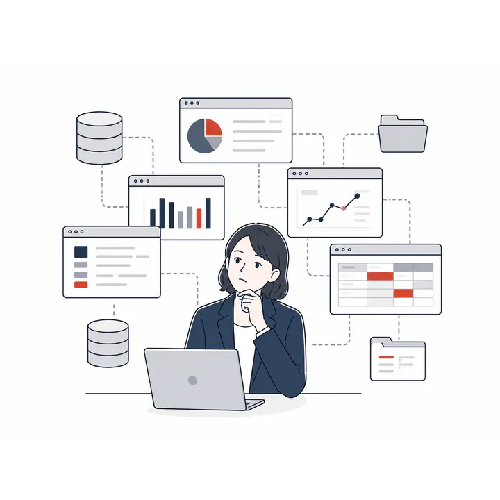 複数のシステムにデータが分散している様子のイラスト