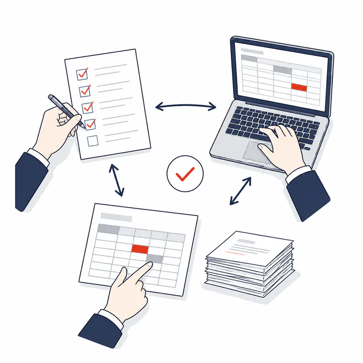 紙と表計算ソフトの間で手作業の転記をしているイラスト