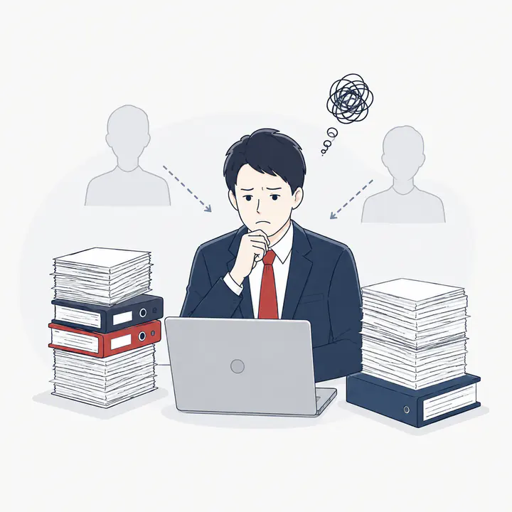 書類の山を前に業務が属人化して困っている担当者のイラスト