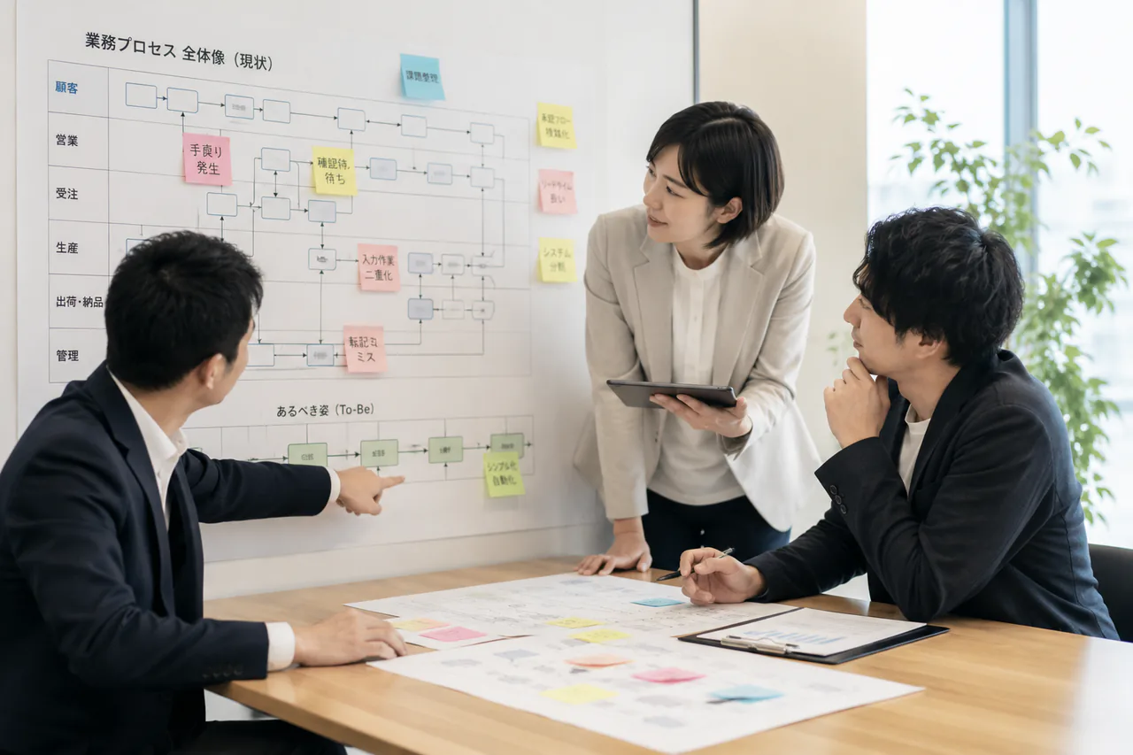 業務フローを可視化した資料を確認する様子