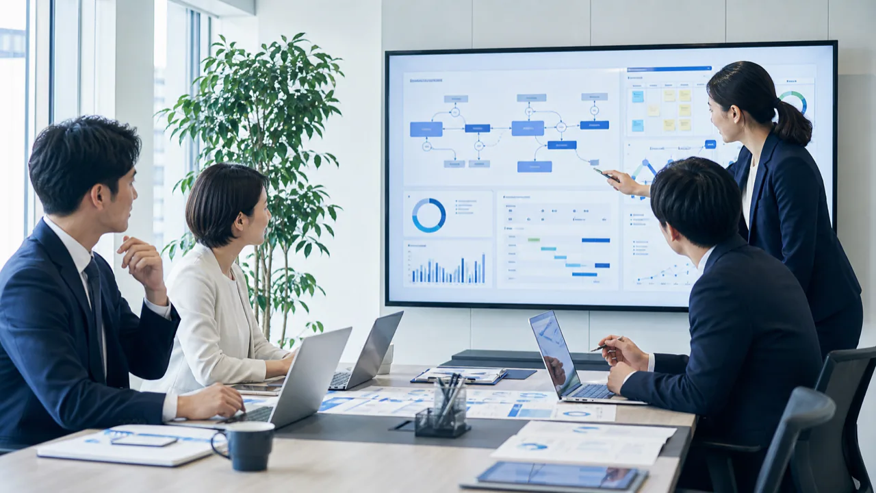 業務改善のダッシュボードを確認しながら打ち合わせをするチーム