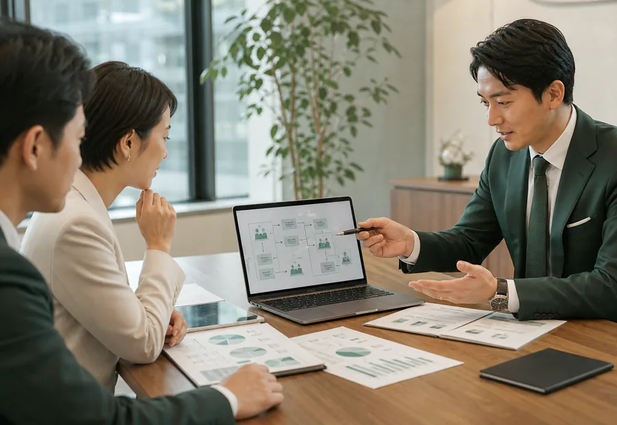 業務改善の打ち合わせで資料と画面を見ながら説明を受ける様子